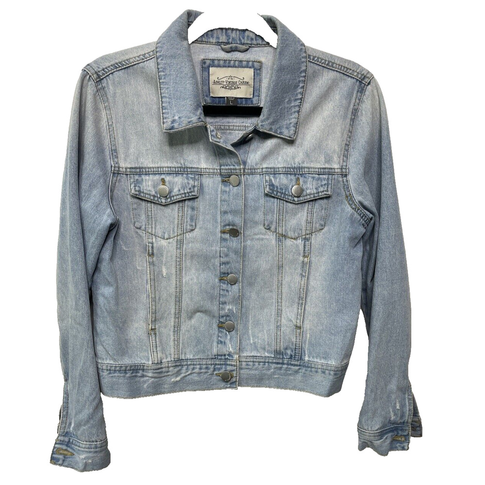 Ashley Vintage Charm Jean Jacket Distressed Blue Trucker Fit Wash Denim Women‎ L
